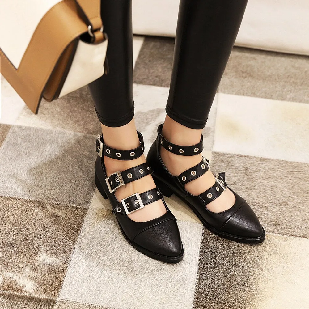 Spring Casual PU Leather Shoes Women Punk Shallow Flat Shoe Fashion Lolita Women Belt Buckle Shoes Belt Buckle Pointed Toe Flats