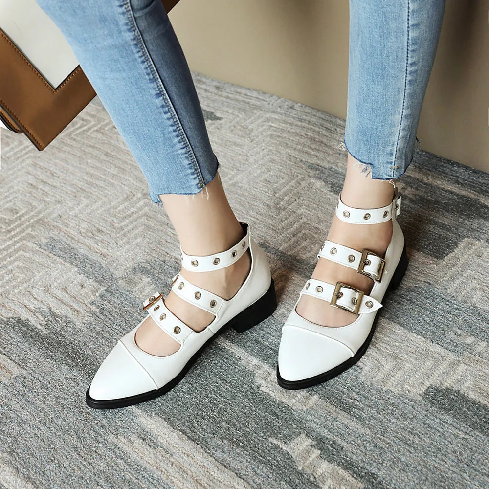 Spring Casual PU Leather Shoes Women Punk Shallow Flat Shoe Fashion Lolita Women Belt Buckle Shoes Belt Buckle Pointed Toe Flats