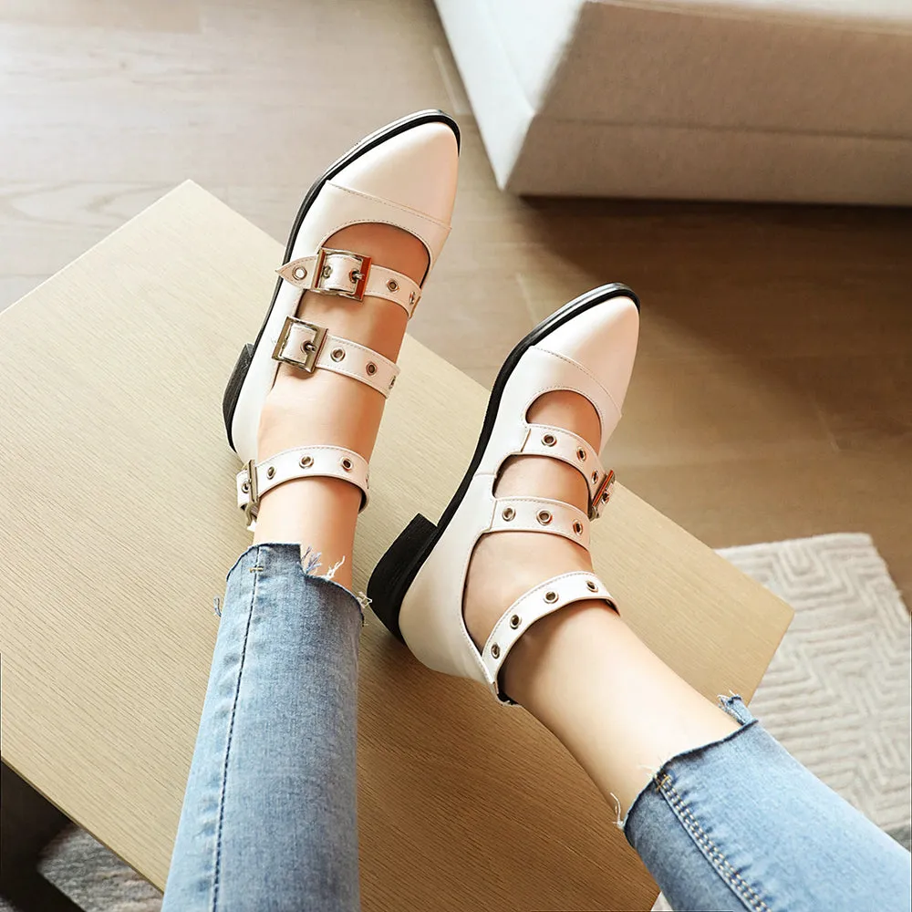 Spring Casual PU Leather Shoes Women Punk Shallow Flat Shoe Fashion Lolita Women Belt Buckle Shoes Belt Buckle Pointed Toe Flats