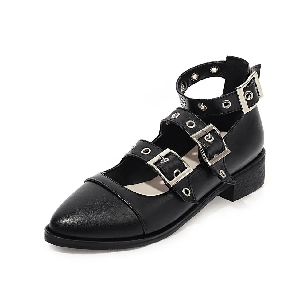 Spring Casual PU Leather Shoes Women Punk Shallow Flat Shoe Fashion Lolita Women Belt Buckle Shoes Belt Buckle Pointed Toe Flats