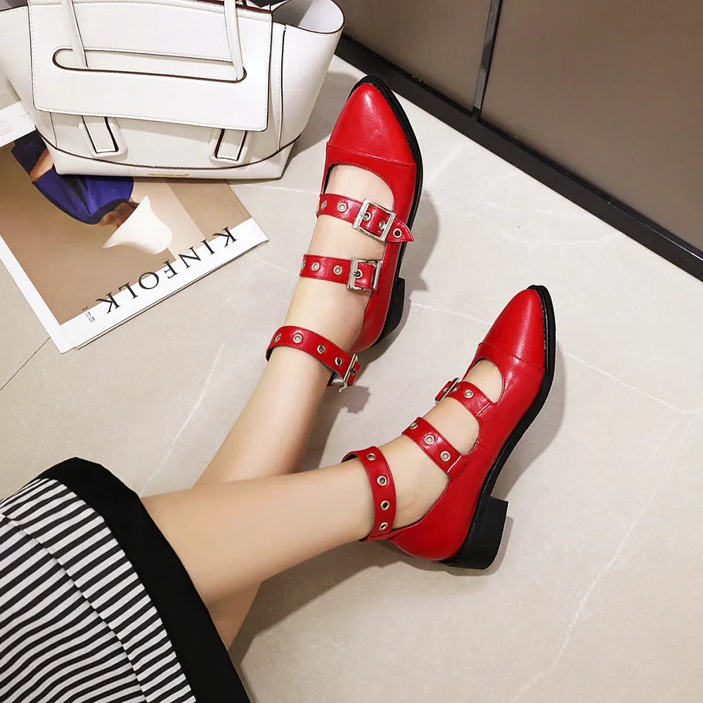 Spring Casual PU Leather Shoes Women Punk Shallow Flat Shoe Fashion Lolita Women Belt Buckle Shoes Belt Buckle Pointed Toe Flats