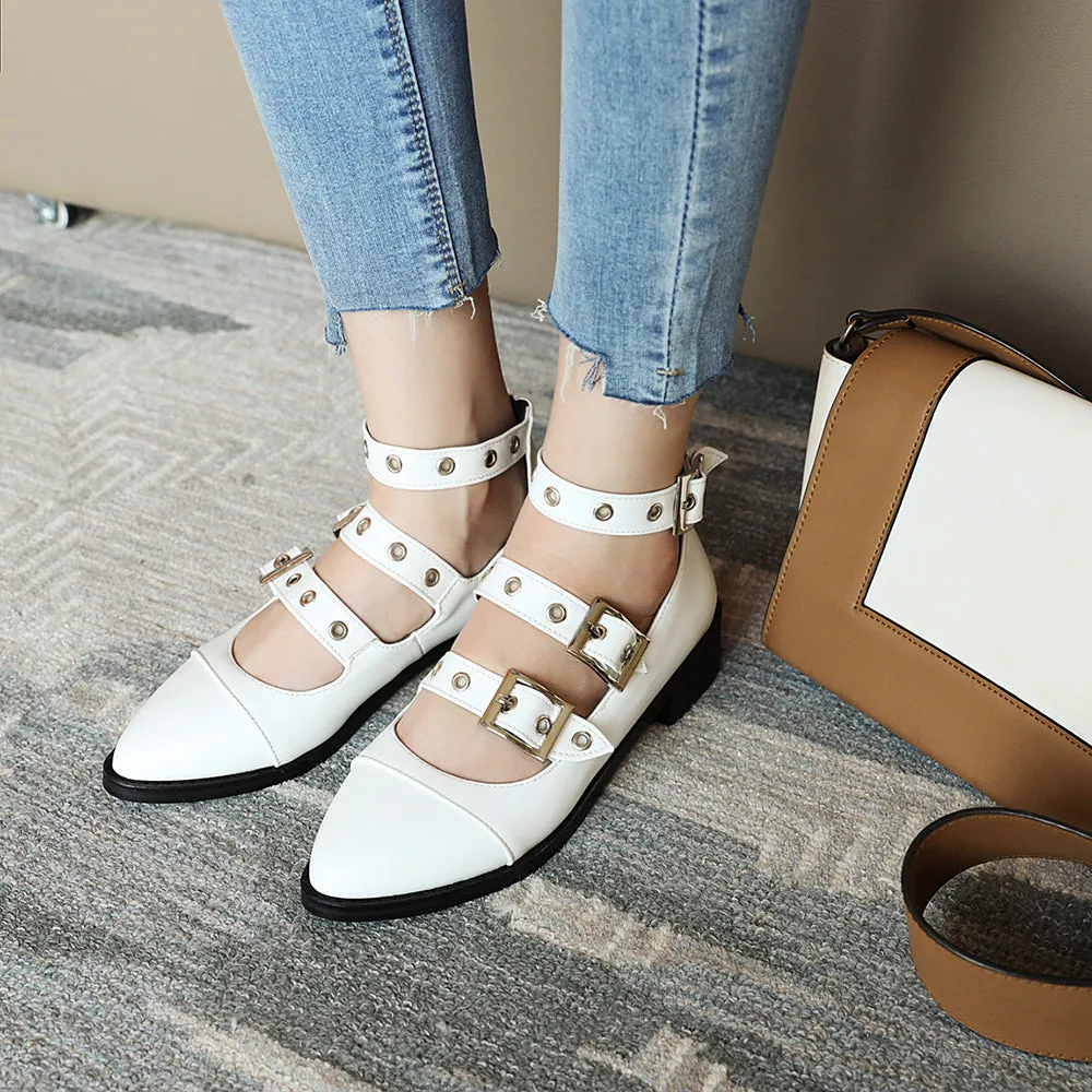 Spring Casual PU Leather Shoes Women Punk Shallow Flat Shoe Fashion Lolita Women Belt Buckle Shoes Belt Buckle Pointed Toe Flats