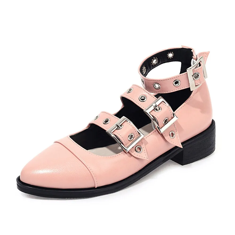 Spring Casual PU Leather Shoes Women Punk Shallow Flat Shoe Fashion Lolita Women Belt Buckle Shoes Belt Buckle Pointed Toe Flats