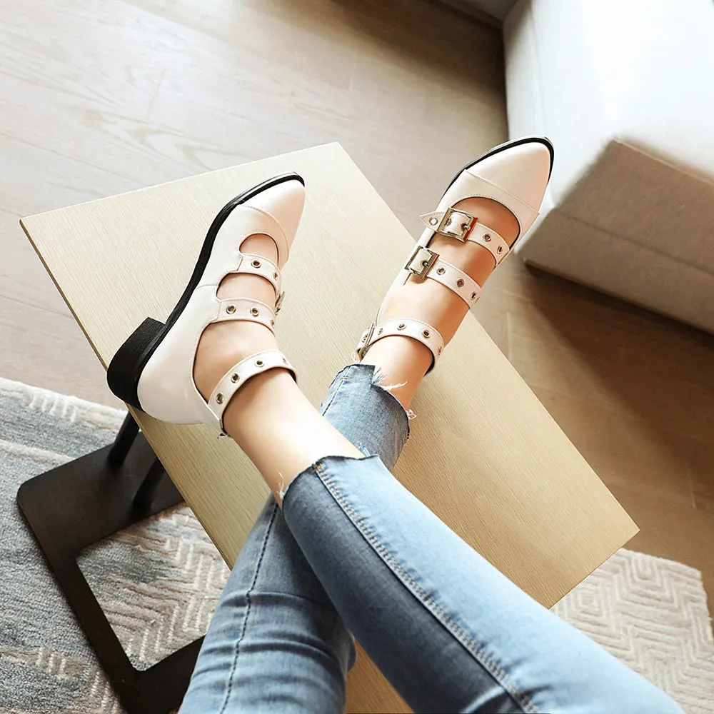 Spring Casual PU Leather Shoes Women Punk Shallow Flat Shoe Fashion Lolita Women Belt Buckle Shoes Belt Buckle Pointed Toe Flats