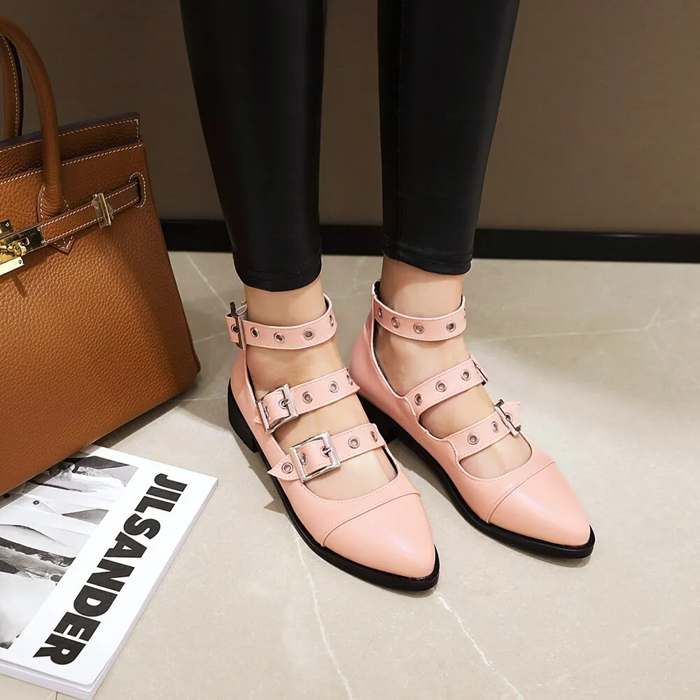 Spring Casual PU Leather Shoes Women Punk Shallow Flat Shoe Fashion Lolita Women Belt Buckle Shoes Belt Buckle Pointed Toe Flats