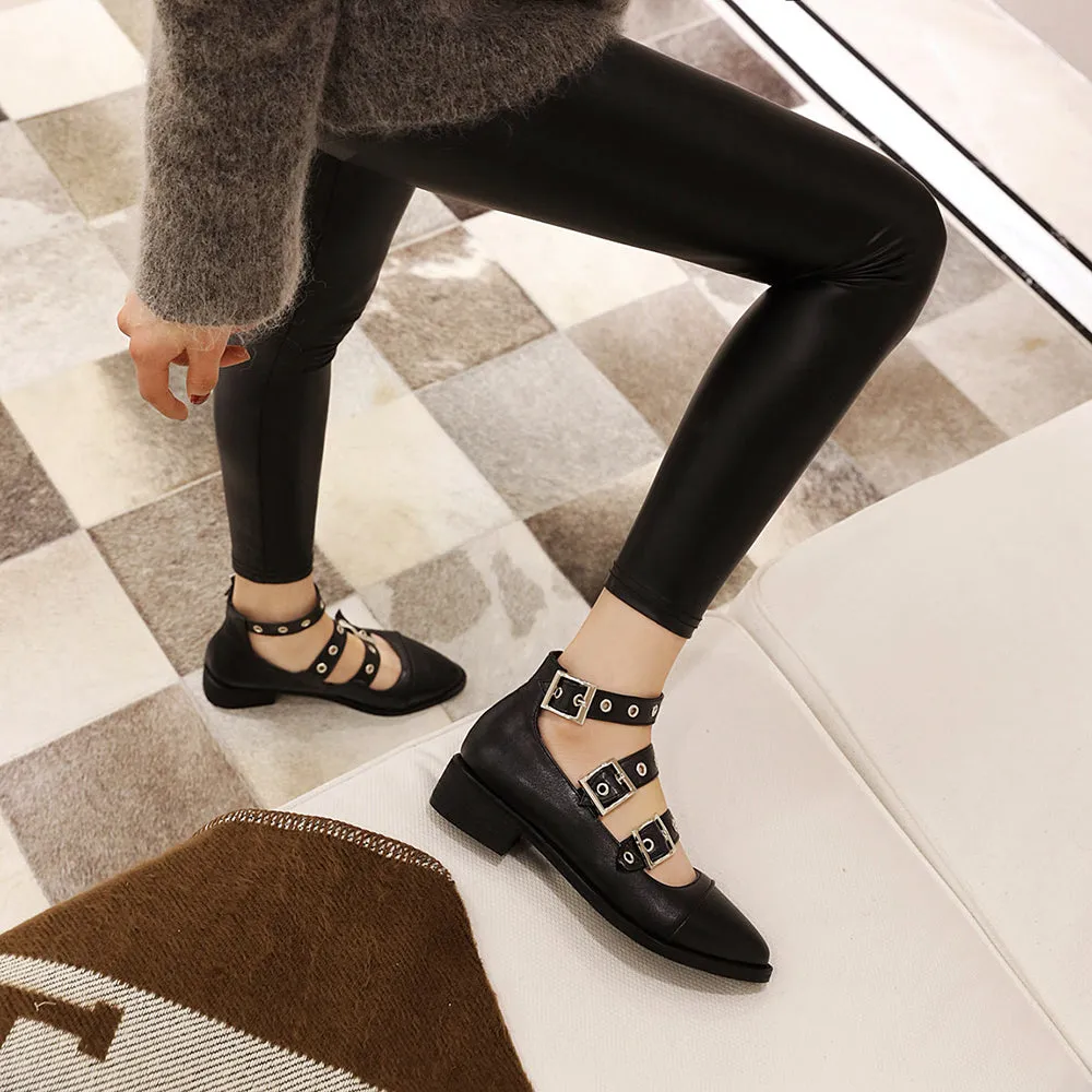 Spring Casual PU Leather Shoes Women Punk Shallow Flat Shoe Fashion Lolita Women Belt Buckle Shoes Belt Buckle Pointed Toe Flats