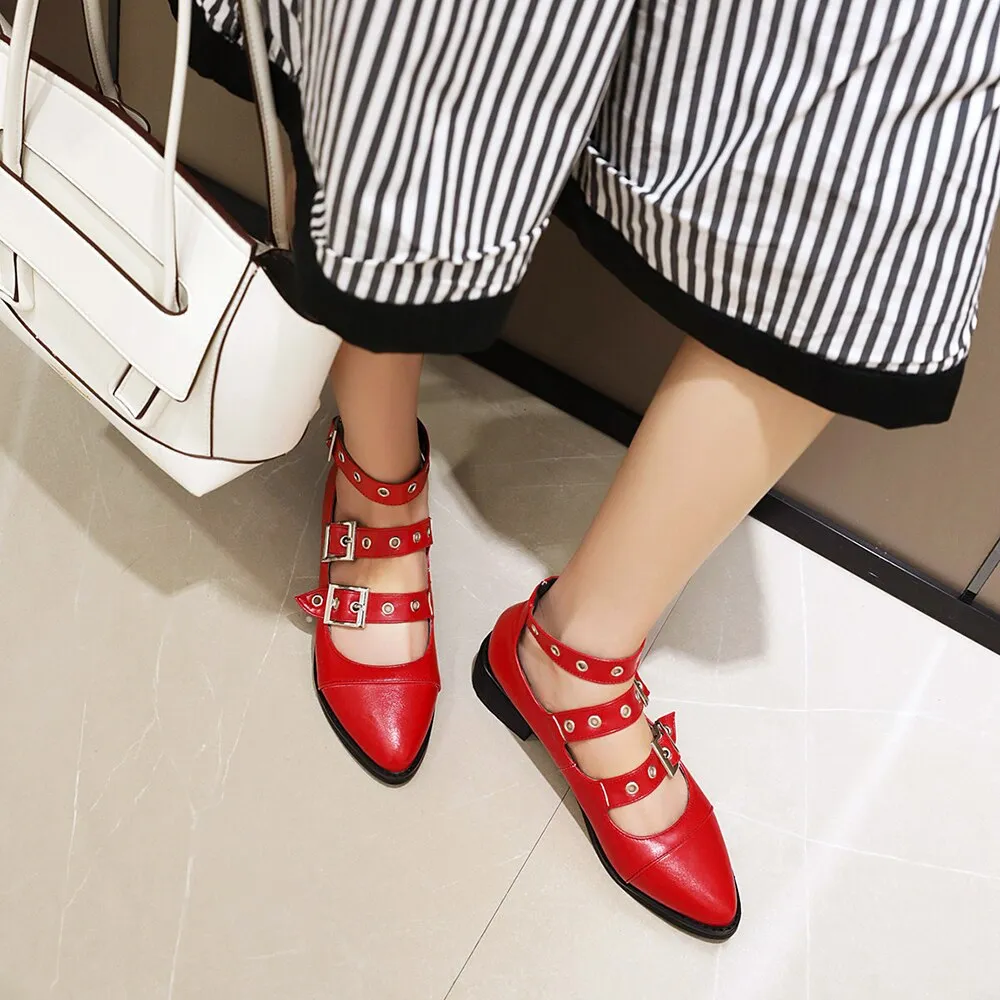 Spring Casual PU Leather Shoes Women Punk Shallow Flat Shoe Fashion Lolita Women Belt Buckle Shoes Belt Buckle Pointed Toe Flats