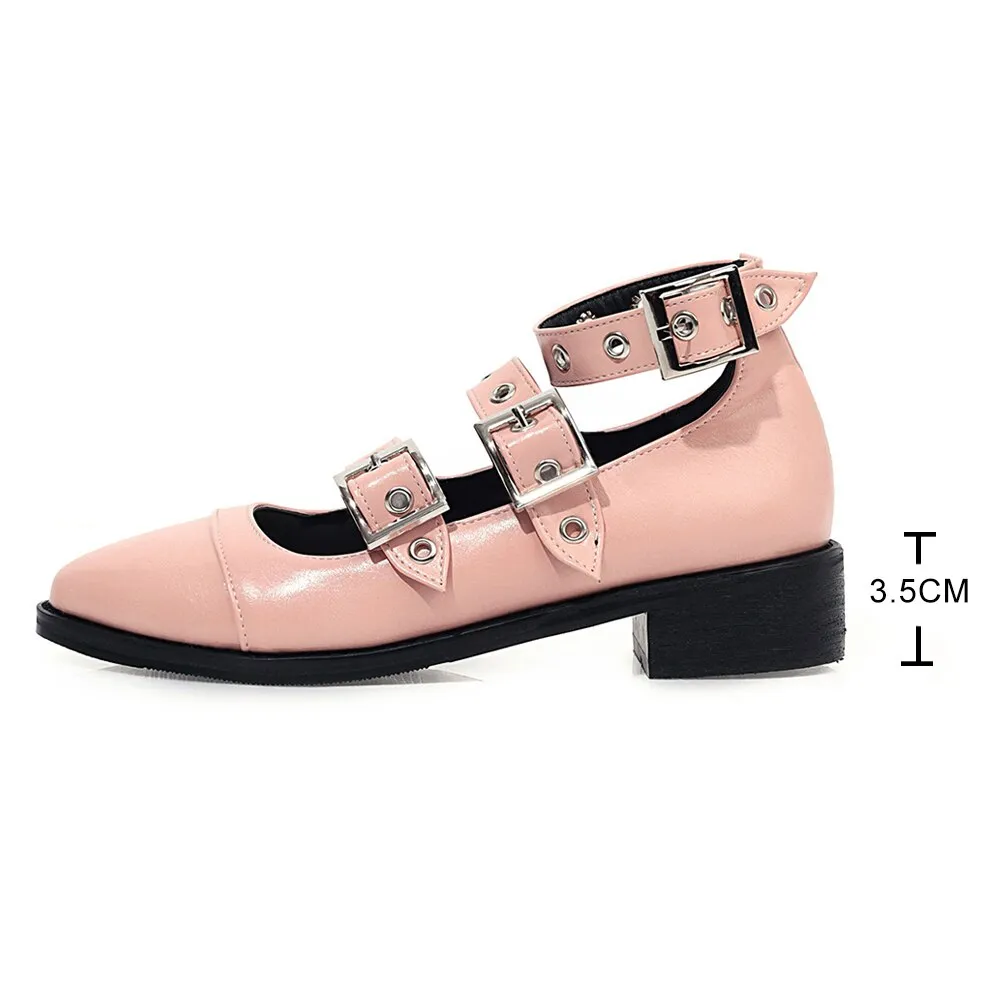 Spring Casual PU Leather Shoes Women Punk Shallow Flat Shoe Fashion Lolita Women Belt Buckle Shoes Belt Buckle Pointed Toe Flats