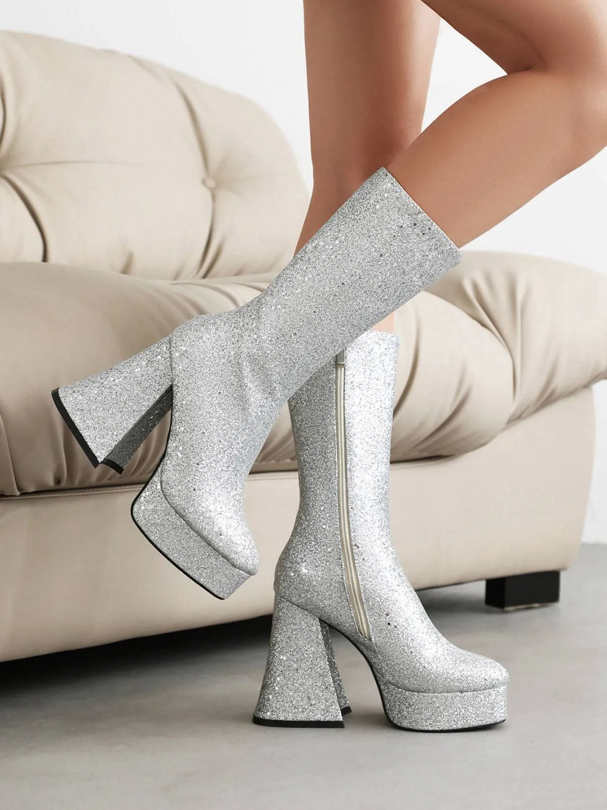 Square Toe Sequined Chunky Heel Mid-Calf Boots