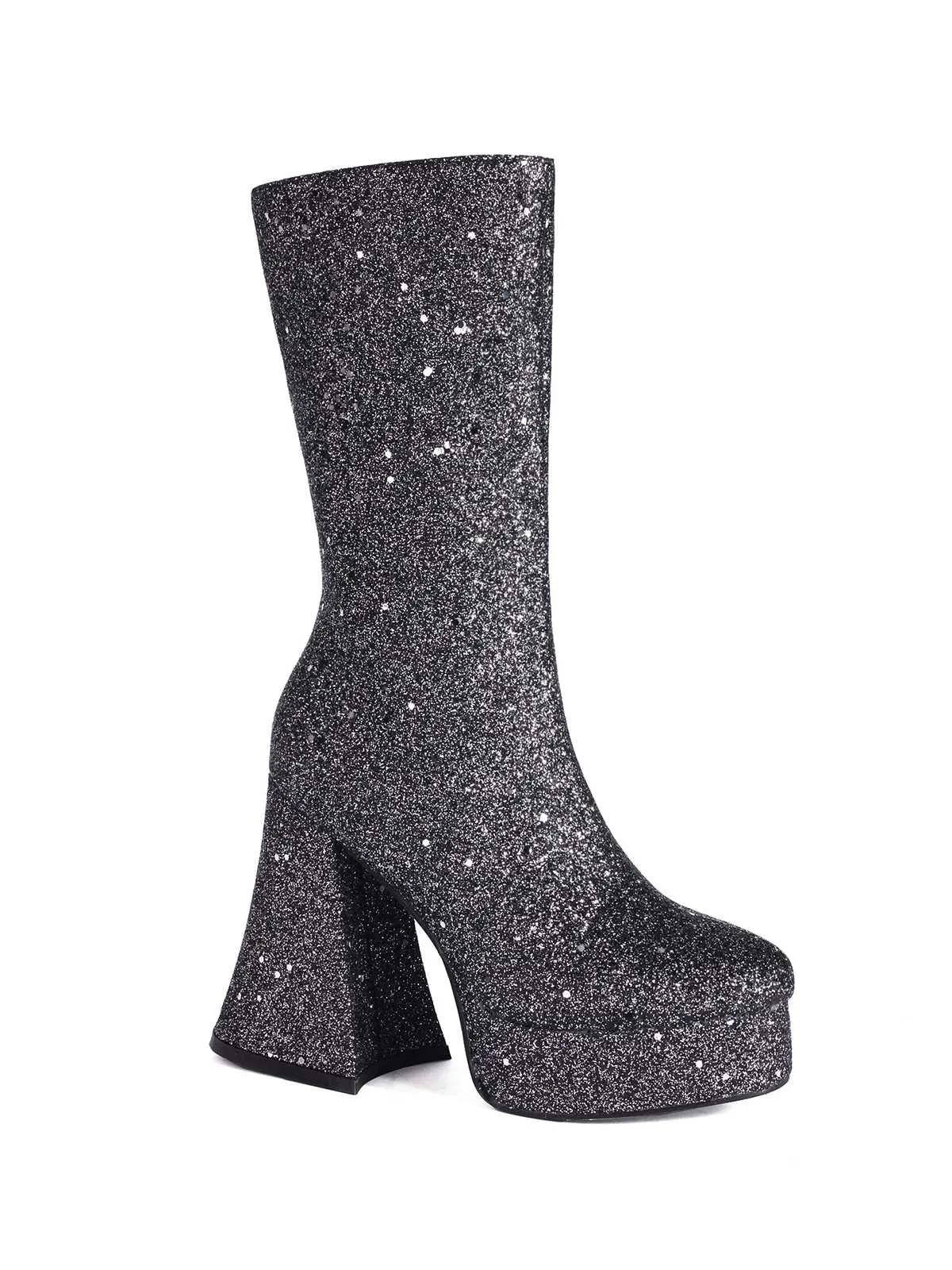 Square Toe Sequined Chunky Heel Mid-Calf Boots