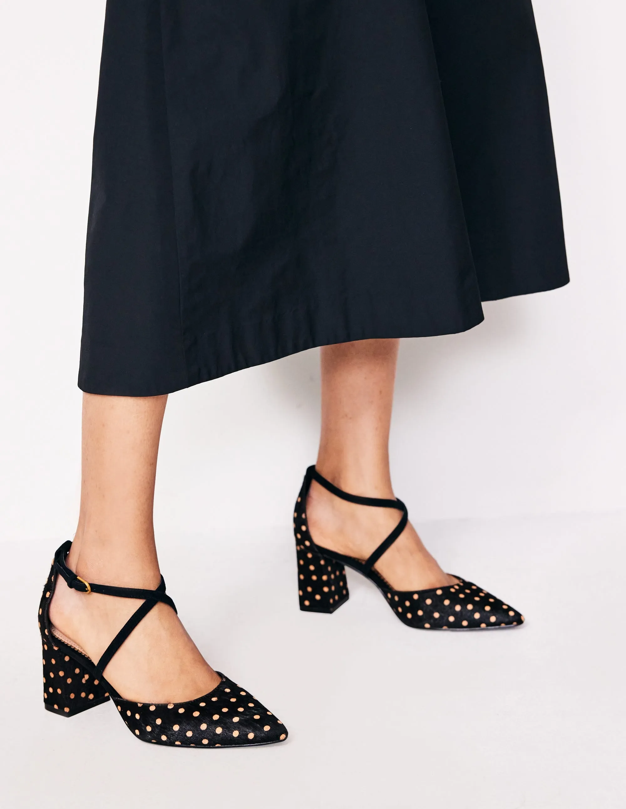 Strap Block Heel Point Courts-Black and Camel Spot