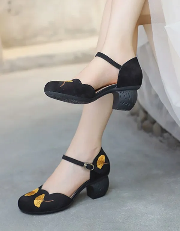 Summer Retro Embroidery Ankle Strap Chunky Heels