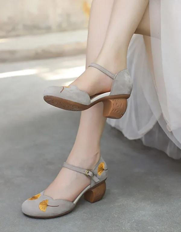 Summer Retro Embroidery Ankle Strap Chunky Heels