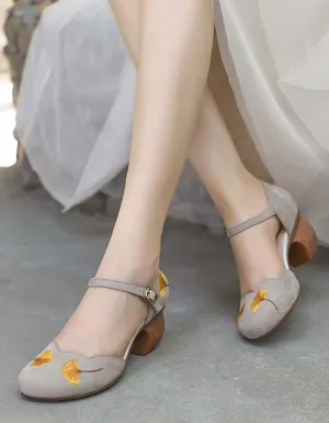 Summer Retro Embroidery Ankle Strap Chunky Heels