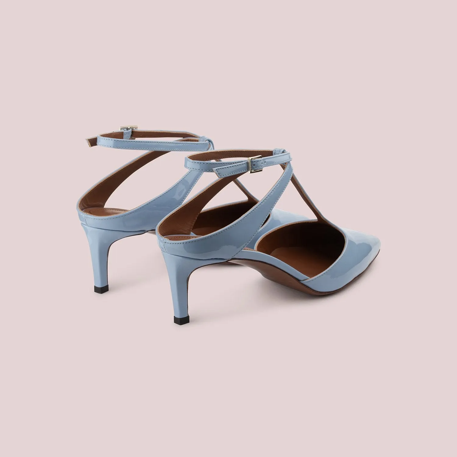 T-Bar Court Shoes In Sky Blue Patent Leather