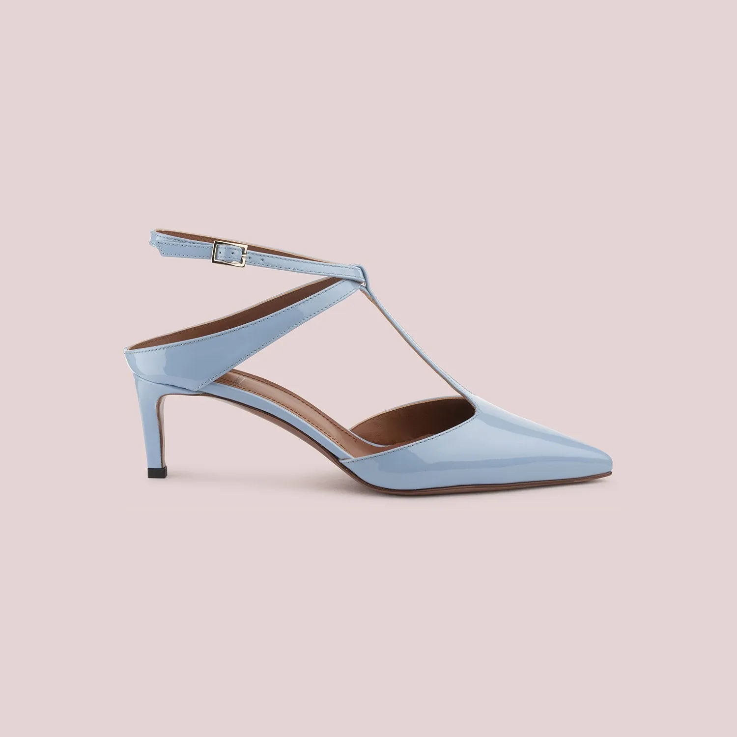 T-Bar Court Shoes In Sky Blue Patent Leather