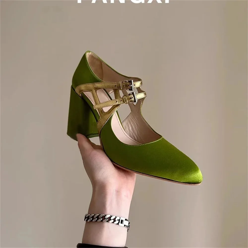 TAVIMART  -  Satin Zapatos Para Mujeres Metal Color Splice Shoes For Woman Square Toe Heeled Sandals Chunky Heels Туфли Женские Soft Leather