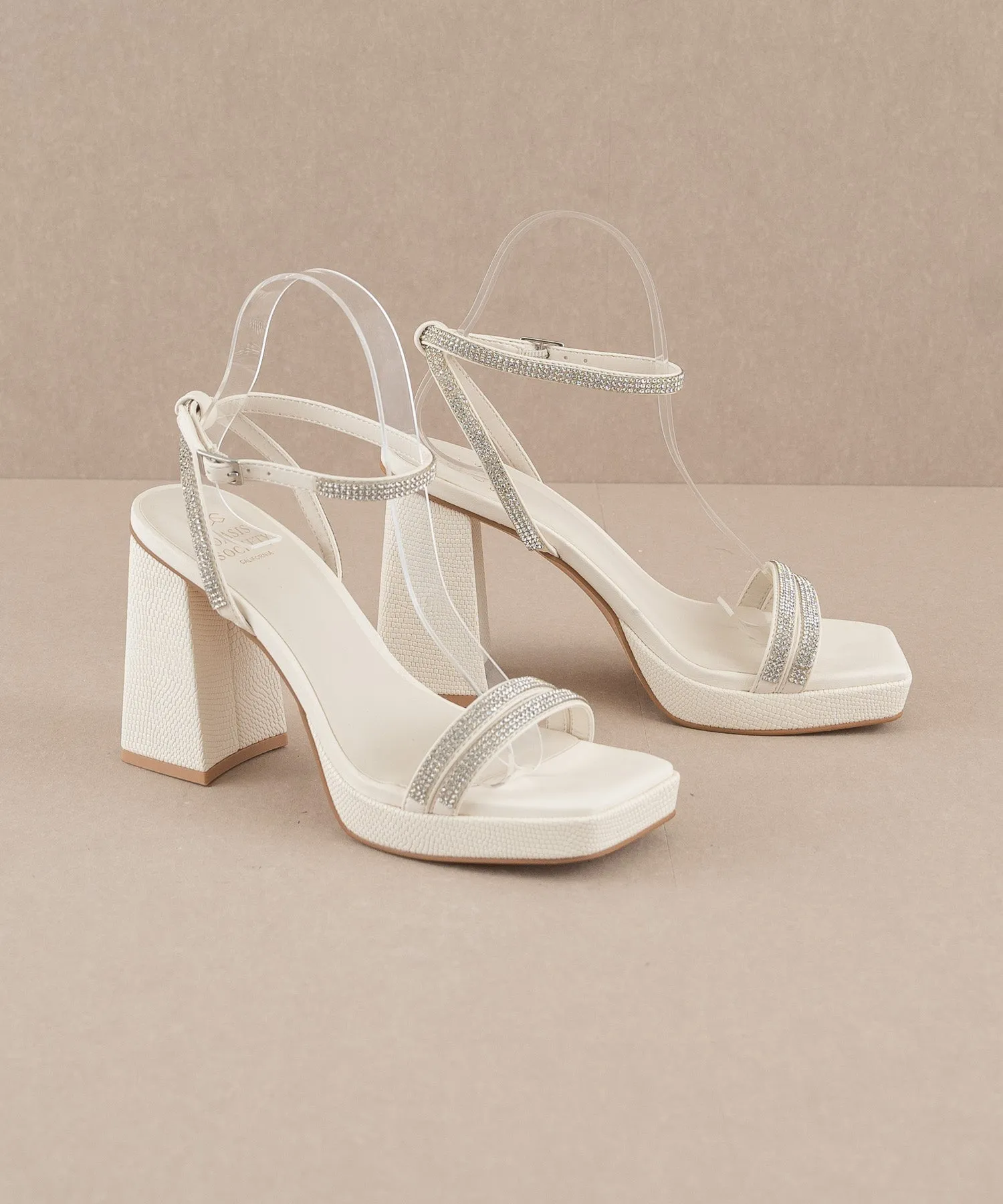 The Suva | White Rhinestone and reptile print strappy heel