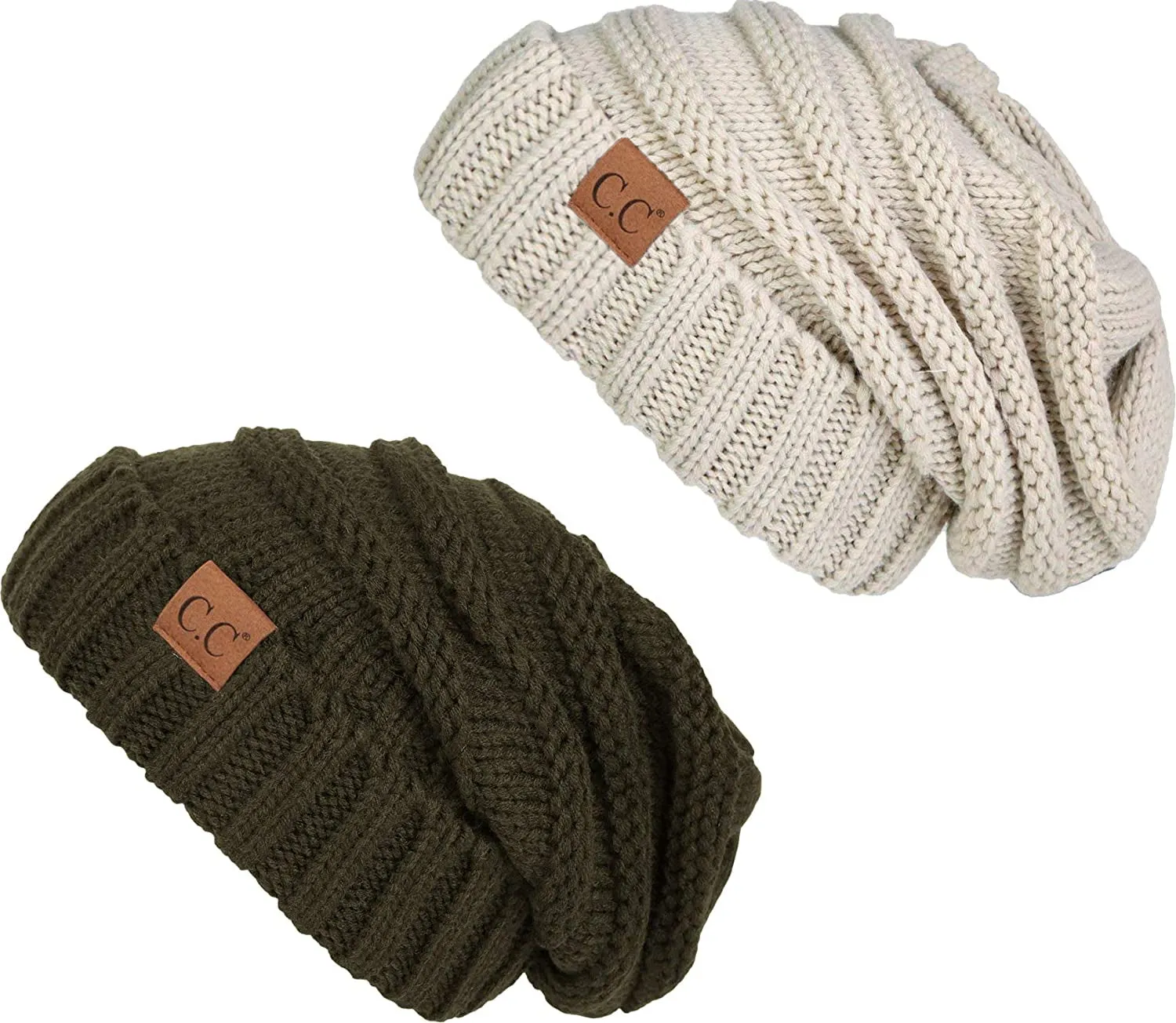 Trendy Warm Oversized Chunky Soft Oversized Cable Knit Slouchy Beanie 2 Pack Bundle