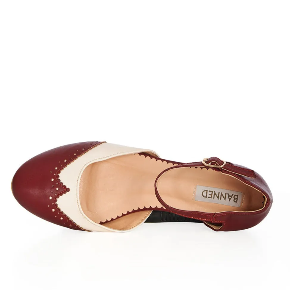 Two Tone Burgundy Red Natural Brogue Closed Toe Flat Sandal