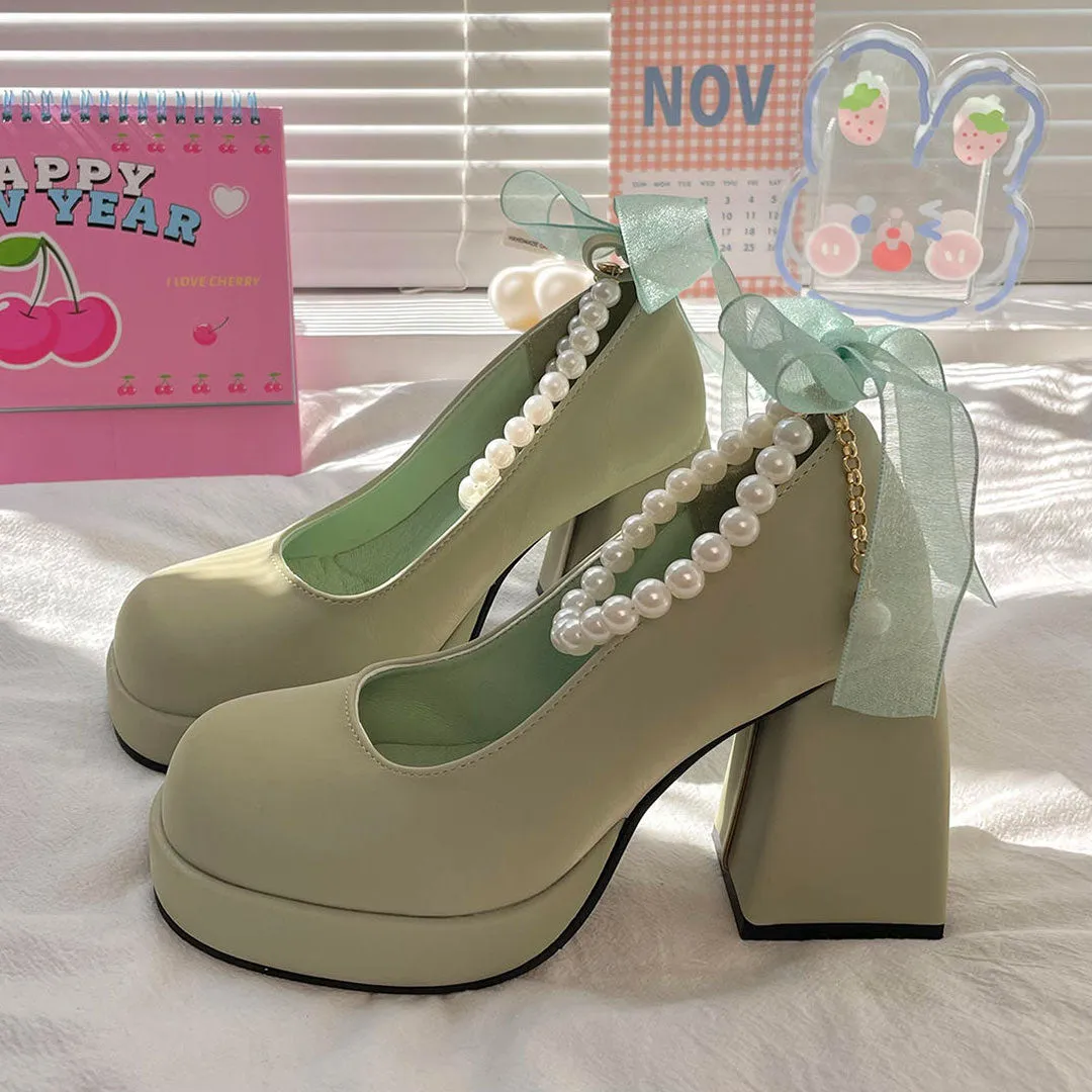 Uniwim Bow Green Chunky Heels Shoes SE22633