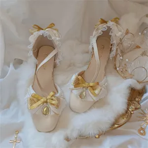 Uniwim Retro Court Style Lolita Cosplay Flower Wedding Girl Gorgeous Square Head Lace Ruffled Bow Gem Pearl 4.5cm High Heeled Shoes