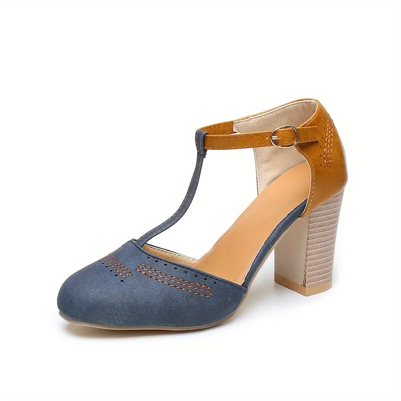 Vibrant Color Block Retro High Heel Shoes - Adjustable T-strap, Classic Round Toe, Sturdy Block Heels - Perfect for Oktoberfest, Dressing Up or Everyday Wear