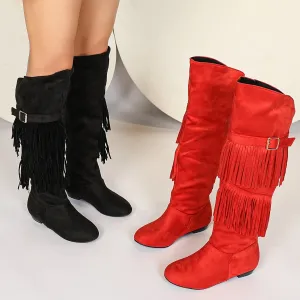 Vibrant Solid Color Knee-High Boots - Fashionable Tassel Decor Buckle Strap Design, Comfortable Autumn Boots for Women with Soft Insoles and Sturdy Heel