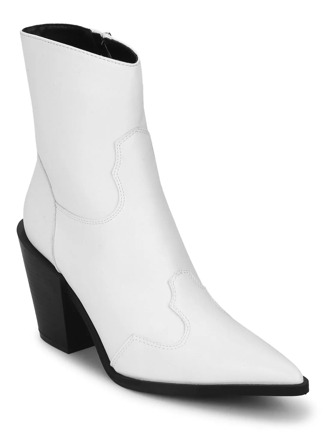 White Pu Ankle Length Block Heel Boots