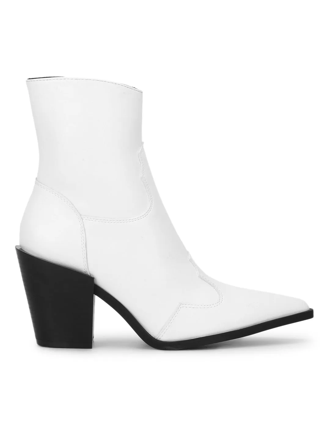 White Pu Ankle Length Block Heel Boots