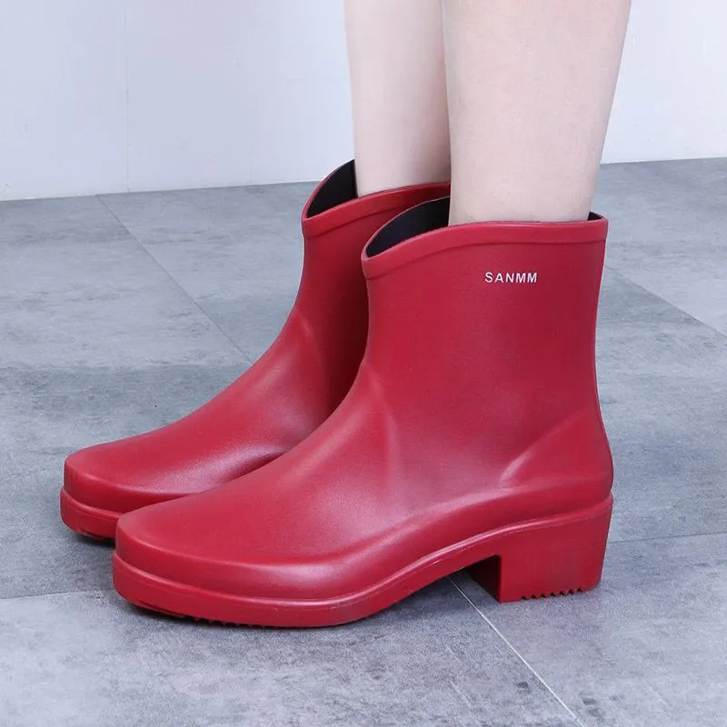 Women chunky heel platform slip on short rain boots