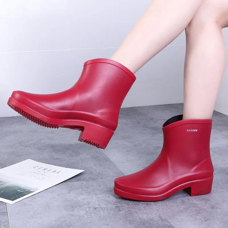 Women chunky heel platform slip on short rain boots