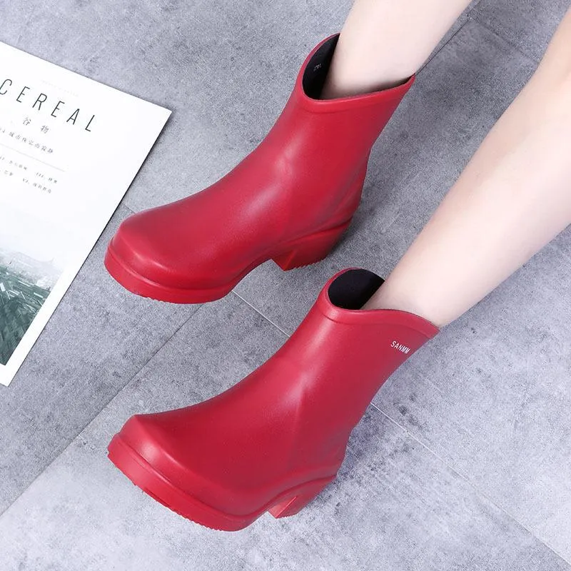 Women chunky heel platform slip on short rain boots