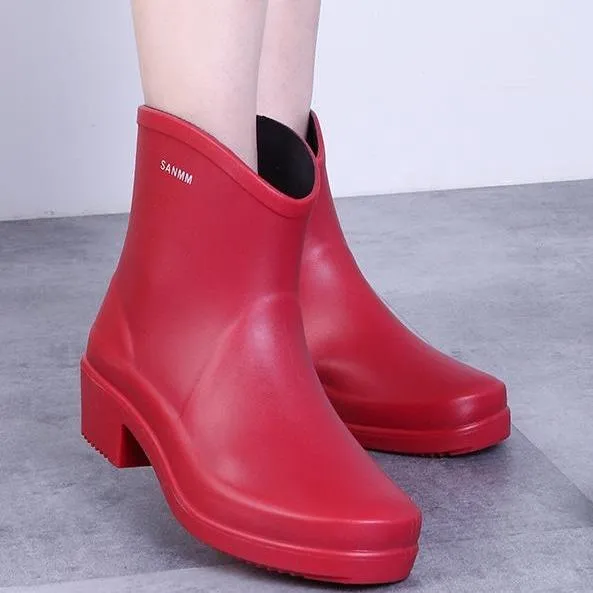 Women chunky heel platform slip on short rain boots