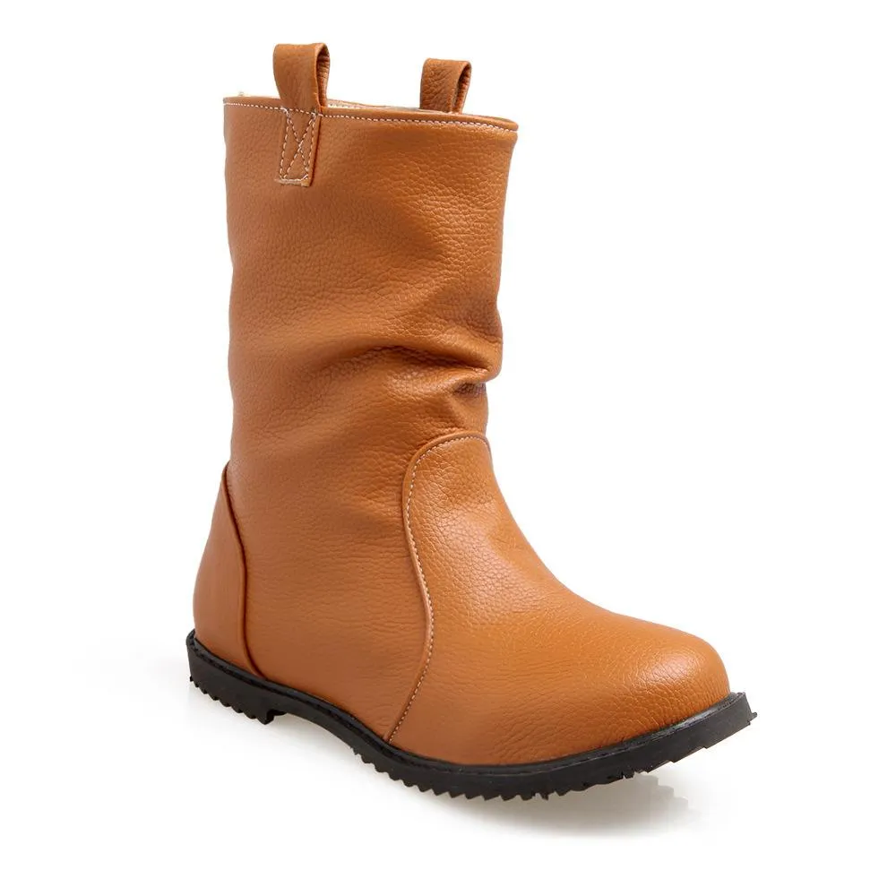 Women round toe solid color slip on mid calf boots