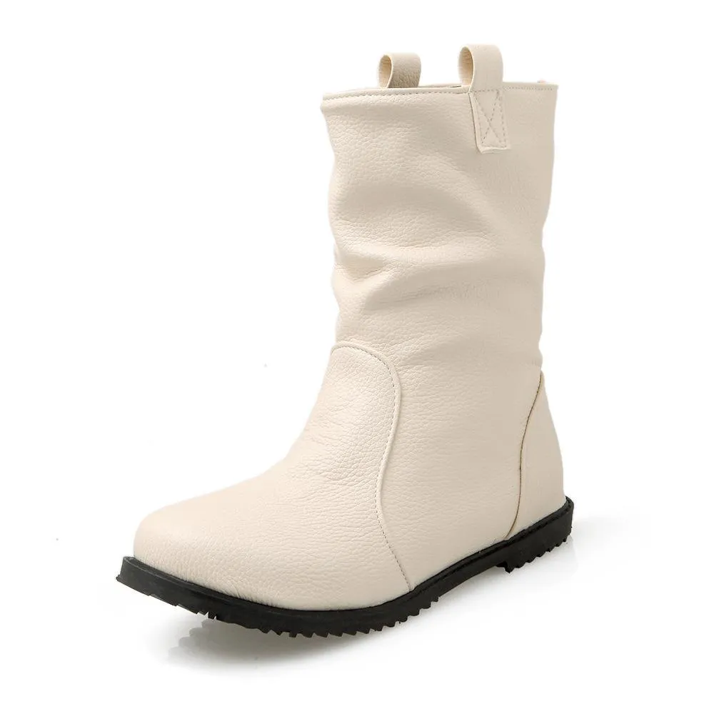 Women round toe solid color slip on mid calf boots