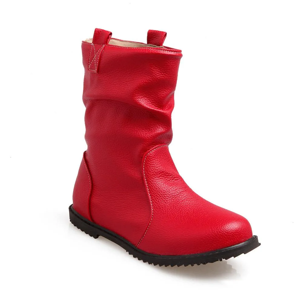 Women round toe solid color slip on mid calf boots