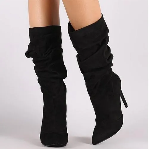 Women Slouch Boots Pointed Toe Stiletto High Heel Mid Calf Boots