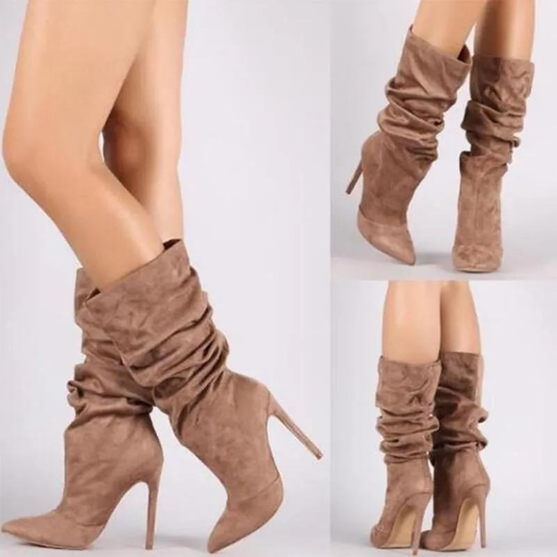 Women Slouch Boots Pointed Toe Stiletto High Heel Mid Calf Boots