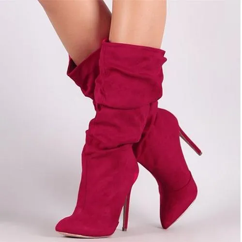 Women Slouch Boots Pointed Toe Stiletto High Heel Mid Calf Boots