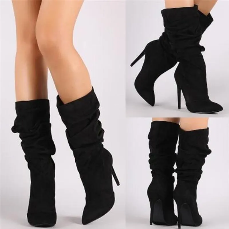 Women Slouch Boots Pointed Toe Stiletto High Heel Mid Calf Boots