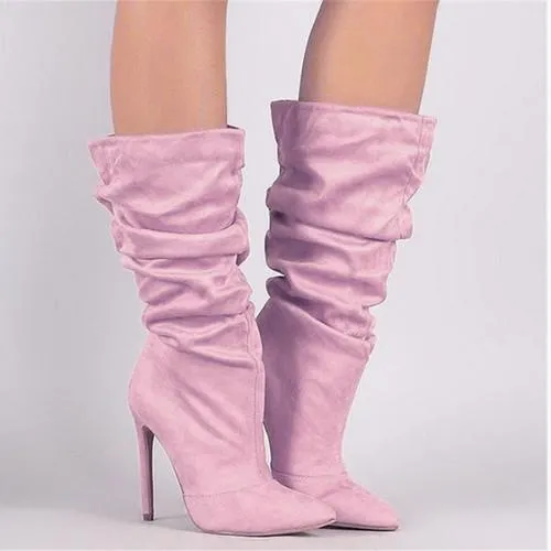 Women Slouch Boots Pointed Toe Stiletto High Heel Mid Calf Boots