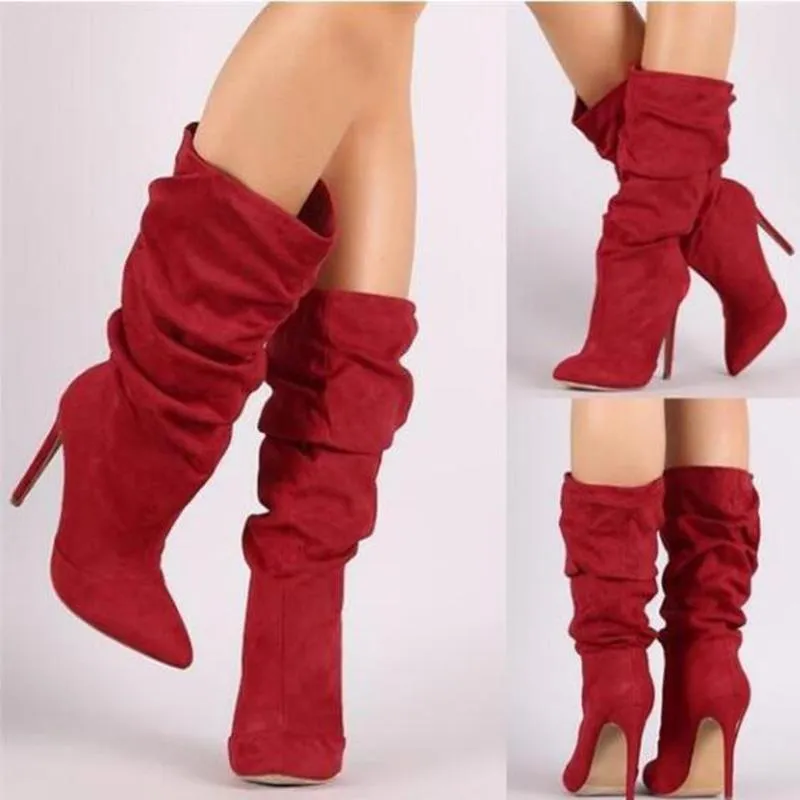 Women Slouch Boots Pointed Toe Stiletto High Heel Mid Calf Boots