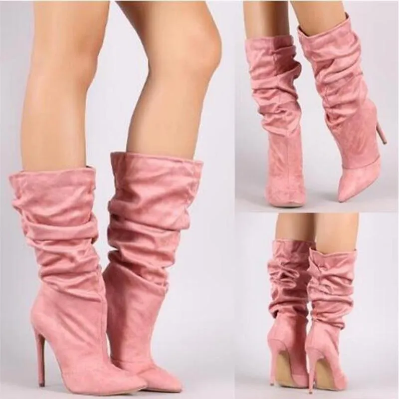 Women Slouch Boots Pointed Toe Stiletto High Heel Mid Calf Boots