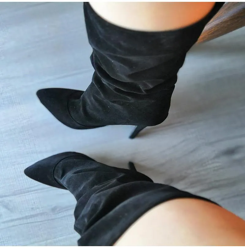 Women Slouch Boots Pointed Toe Stiletto High Heel Mid Calf Boots