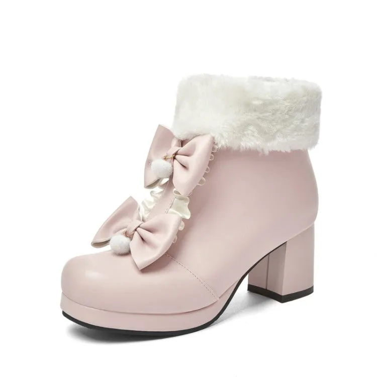 Women's Booties Lolita Round Toe Bows Block Chunky Heel Platform Ankle Boots