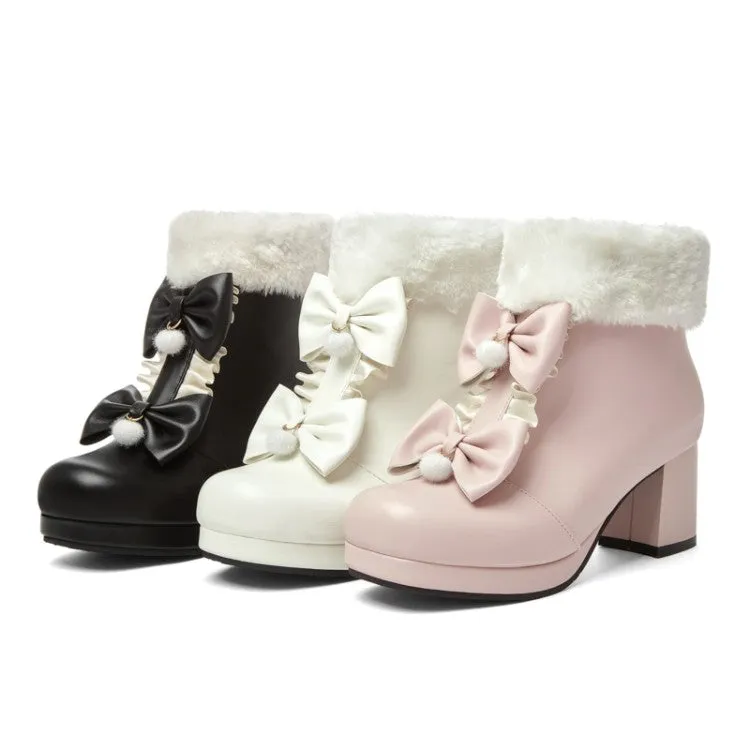 Women's Booties Lolita Round Toe Bows Block Chunky Heel Platform Ankle Boots