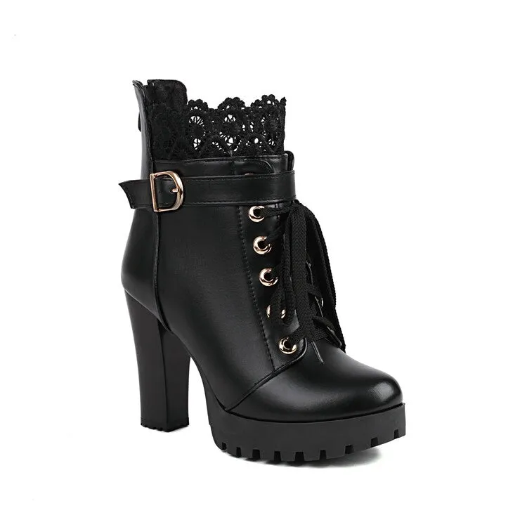 Women's Booties Round Toe Lace Lace-Up Block Chunky Heel Platform Short Boots