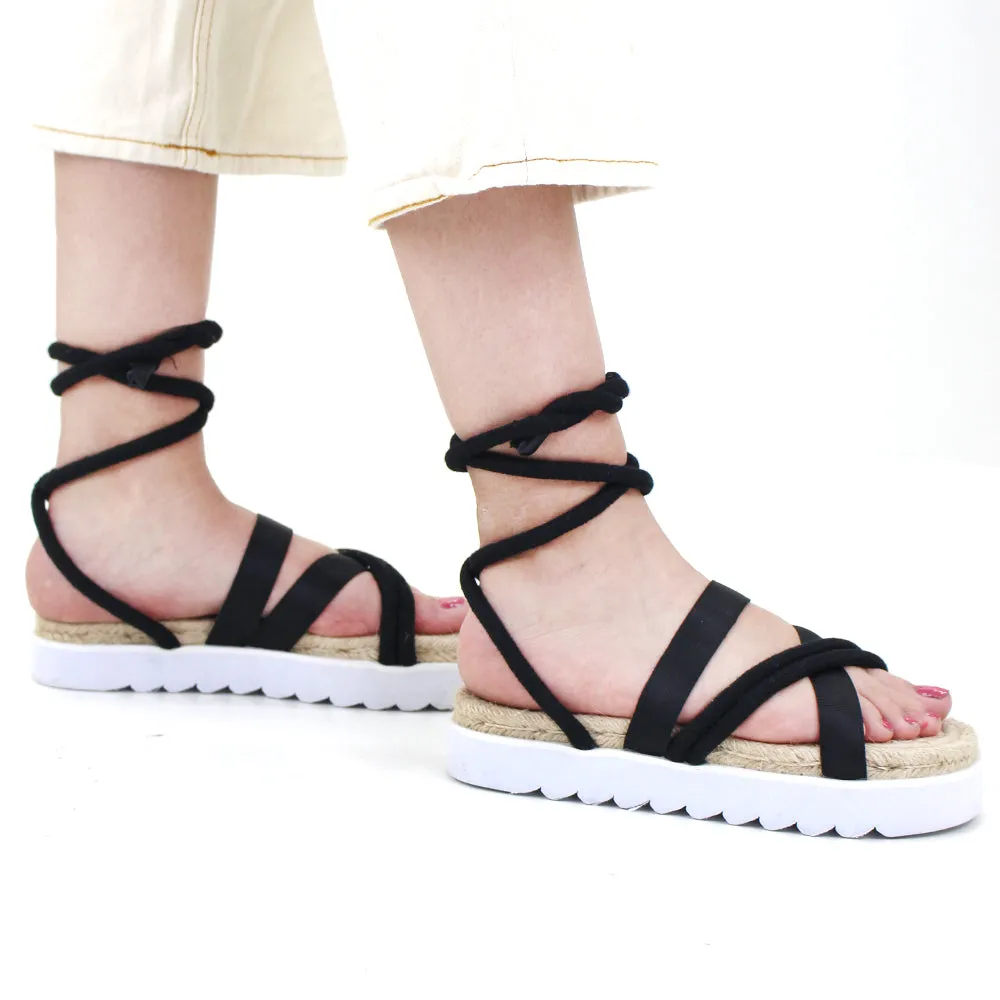 Women's Chunky Tie Leg Espadrille Sandals,Black