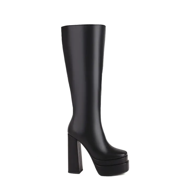 Women's Frosted Pu Leather Square Toe Block Chunky Heel Side Zippers Platform Knee High Boots